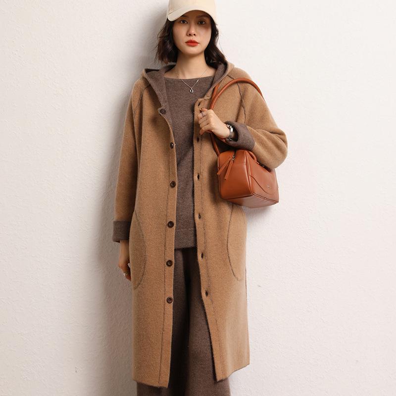 Женское кашемировое пальто с капюшоном — толстое, теплое, средней длины, выше колена, кардиган для осени и зимы