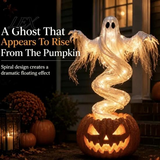 Decorative Night Lamps for Porch Ghost Pumpkin Yard Lamp, Halloween Resin Figurine with Warm LED Light, Festive Holiday Gifts Kids Spooky Swirling on