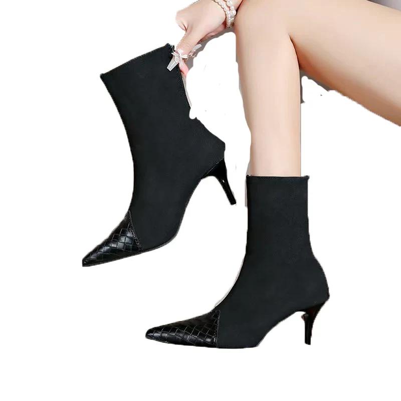 Сексуальные зимние ботильоны на высоком каблуке, женские замшевые элегантные туфли с острым носком, женские зимние готические мотоциклетные ботинки 2024 года