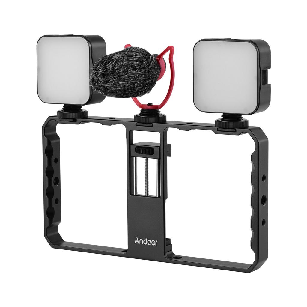 Andoer Smartphone Video Rig Grip with Rig Dual LED Light Microphone with Shock Mount for Vlog