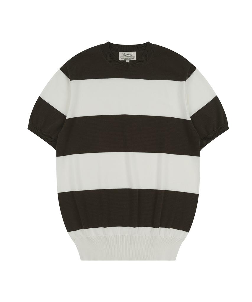 BELLIEF Essential Hard Twist Cotton Short Sleeve Striped Knit (Ivory/Brown)