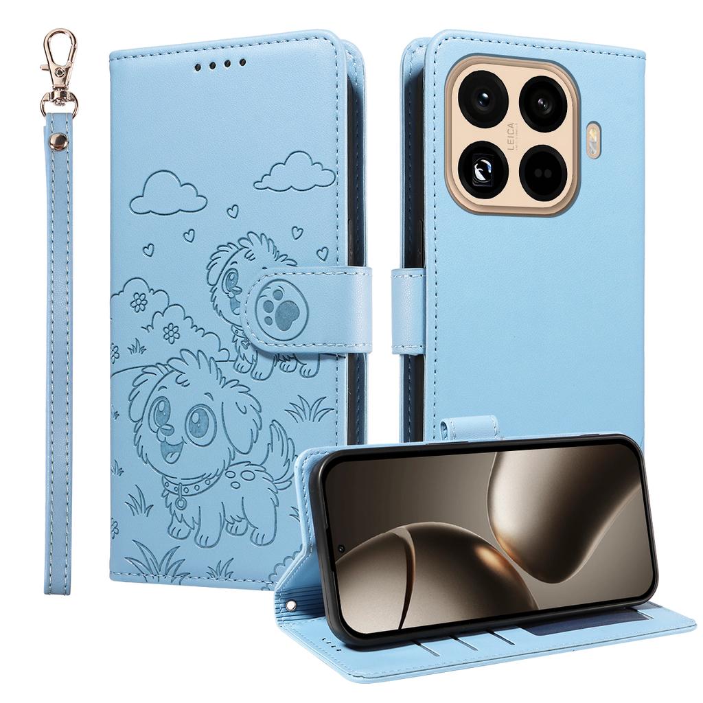 Чехол для Xiaomi 15T Pro с блокировкой RFID, с тисненым узором собаки, из ПУ кожи, чехол для телефона с ремешком на запястье