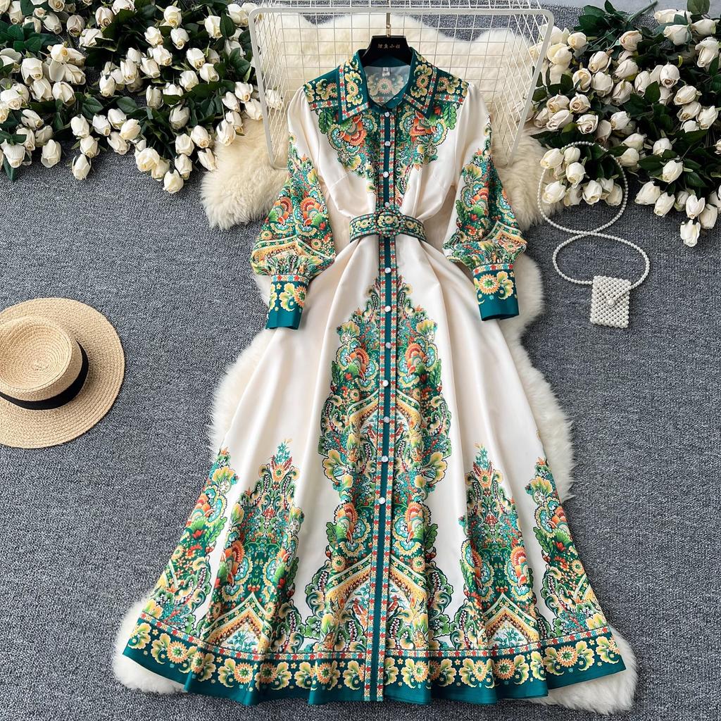 New Vintage Autumn Green Flower Printed Shirt Collar Dress For Women Single Breasted Lantern Sleeve Belt Holiday Midi Robe