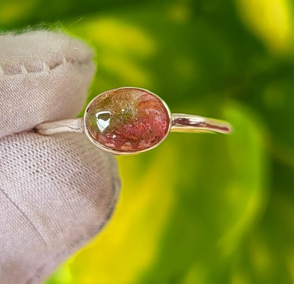 Natural Gemstone Bi Color Tourmaline 925 Sterling Silver Hammer Ring Sz 8.25 US