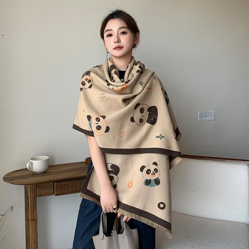 Winter New Cute Panda Scarf Double Sided Imitation Cashmere Shawl Versatile Fashion Thickened Warm Scarf