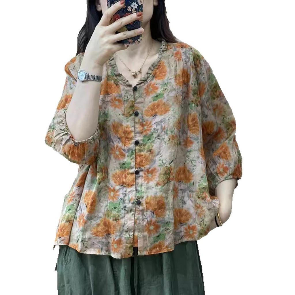 Ретро Летний Женский Повседневный Топ с Семирукавным Рукавом - Стройнящий, Свободный, Модный, Омолаживающая Рубашка