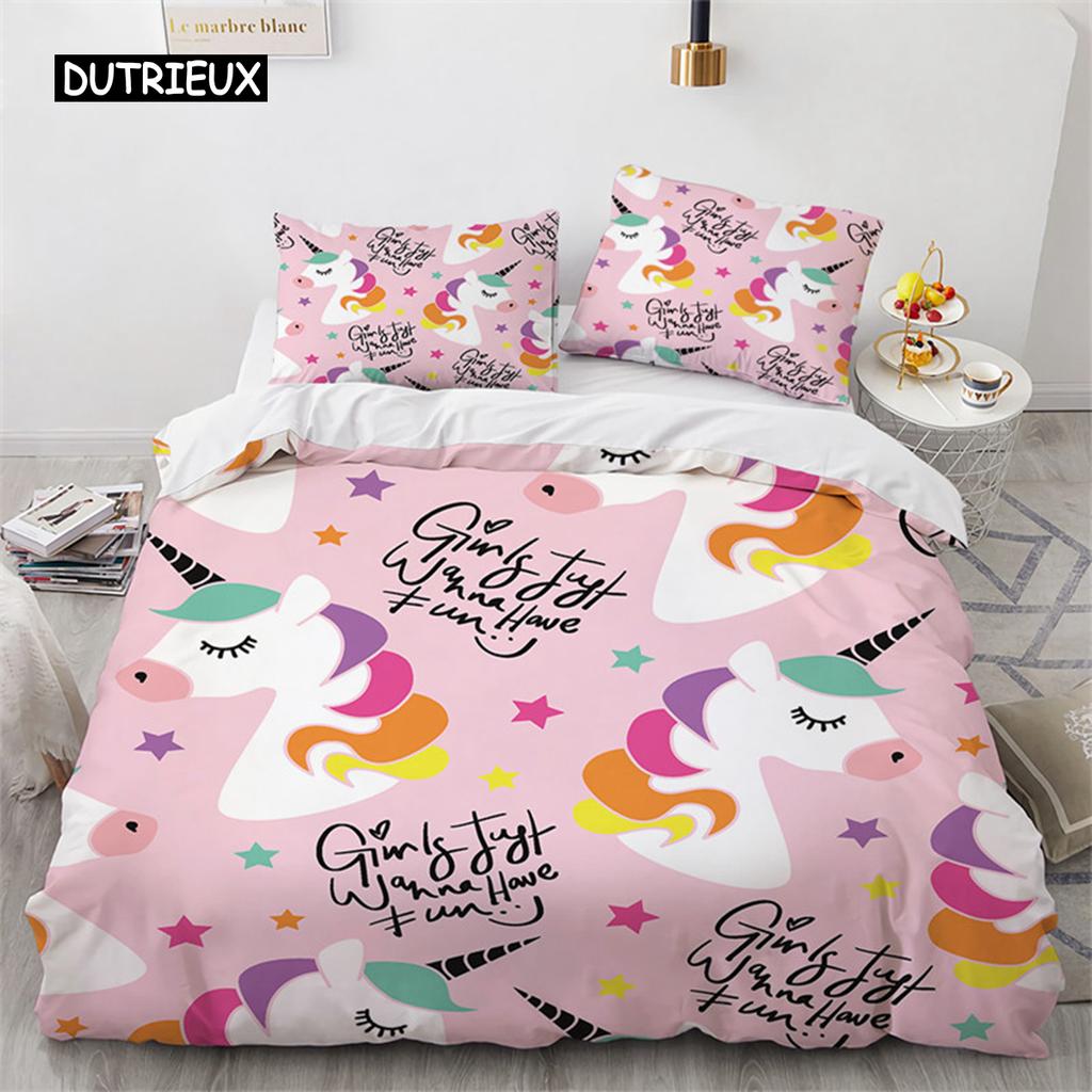 Duvet Cover Cartoon Unicorn Floral Bedding Set Microfiber Flying Horse Comforter Cover Full Queen Children Girls Bedroom Decor