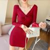 Весенне-осеннее женское платье с трикотажным низом, женское сексуальное трикотажное платье с v-образным вырезом, облегающее шерстяное платье с запахом на бедрах