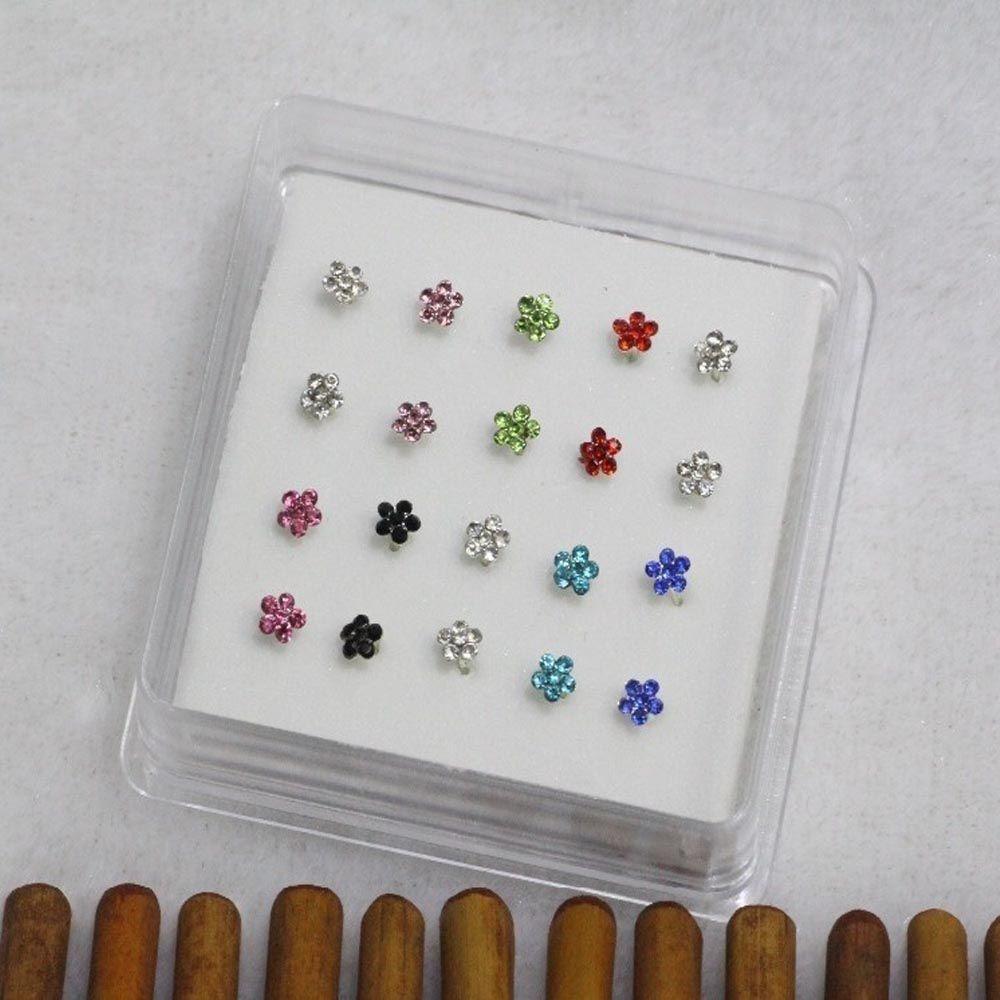 Silver 20PCS Fashion Stainless Steel Jewelry Nose Rings Gems Flower Body Piercing Nose Studs Ring
