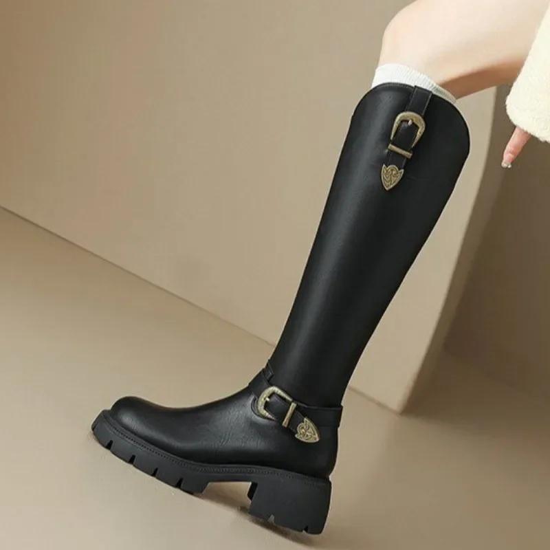 Распродажа модной женской обуви 2024 года, высококачественные женские ботинки с боковой молнией, осенне-зимние, с круглым носком, на высоком толстом каблуке, рыцарские сапоги