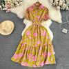 Vintage Robes Puff Short Sleeve Lapel Neck Vestido Wrapped Waist Slim Medium Length A-Line Print Dress
