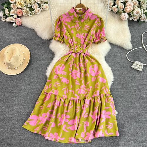Vintage Robes Puff Short Sleeve Lapel Neck Vestido Wrapped Waist Slim Medium Length A-Line Print Dress