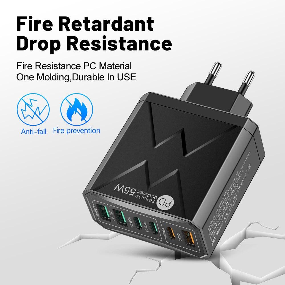 6 в 1 55 Вт PD USB зарядное устройство Быстрая зарядка Quick Charge 3.0 дорожное зарядное устройство для iPhone Samsung Xiaomi зарядное устройство для мобильных телефонов