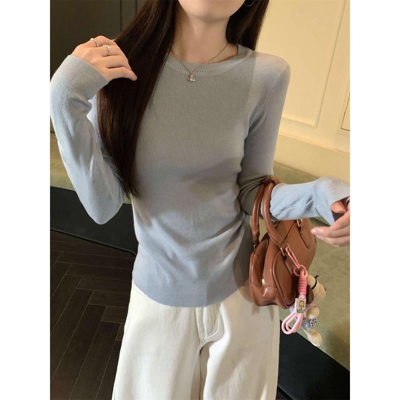 Slim-fit Crew Neck Basic Knitted Bottoming Shirt Women's Spring Simple and Versatile Long-sleeved Inner Top Sweater