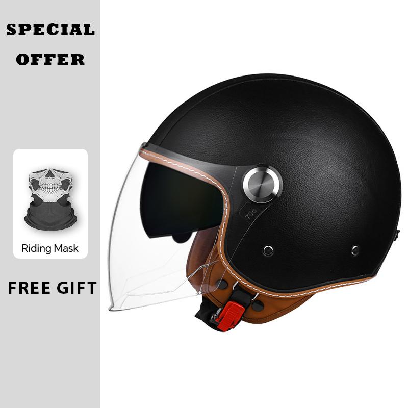 Classic White Green Stripes Open Face Motorcycle Helmets Leather Jet Moto Helmet with Daul Lens Electric Scooter Racing Helmet