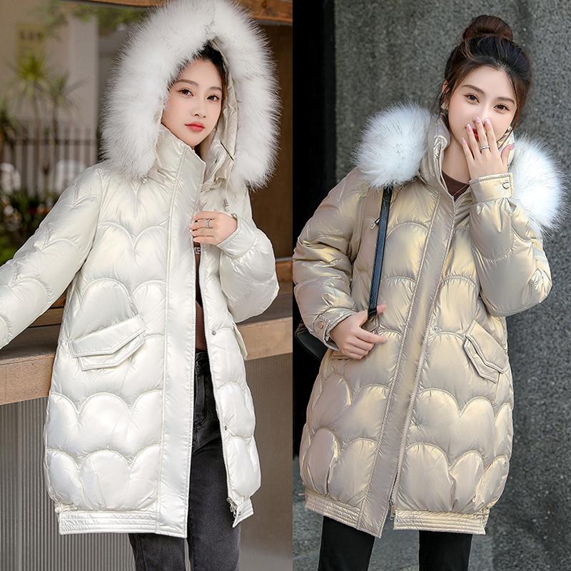 НОВАЯ женская блестящая хлопковая куртка-пуховик, зимнее новое пальто с меховым воротником и капюшоном, женские теплые парки, модное повседневное свободное длинное пальто