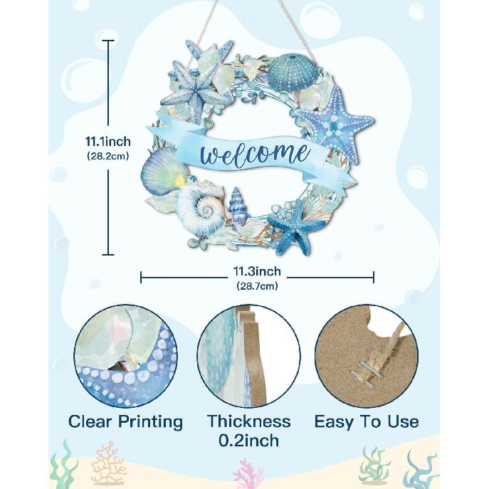 Putuo Decor Пляжные венки - Знак «Добро пожаловать в океан», Деревянный материал, Летний пляжный декор для входной двери, Дизайн с морской черепахой
