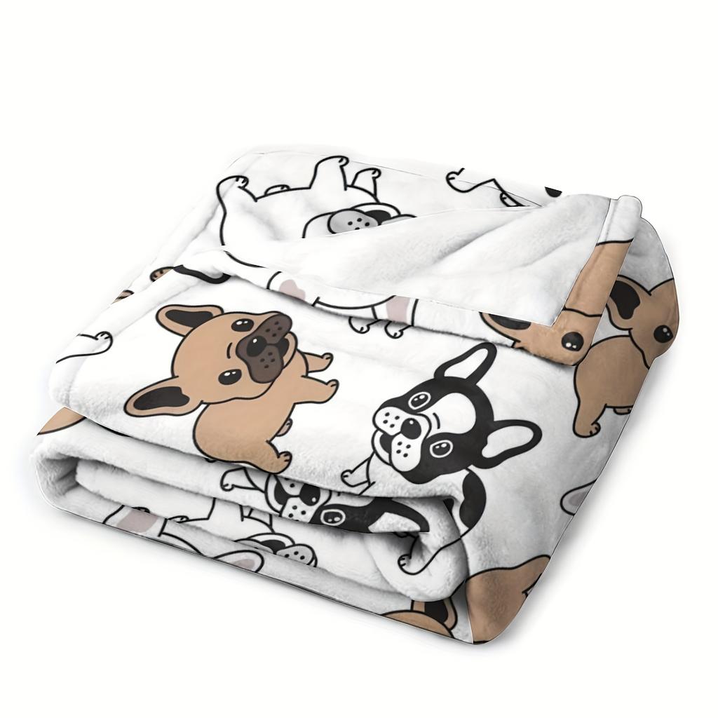 Cartoon French Bulldog Pattern Warm Blanket - Soft and Cozy Nap Blanket for Kids and Adults, Exquisite and Cute Home Essential
