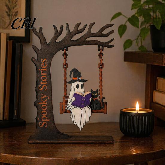 Office Desk Decoration Items Halloween Desktop Swing Decor, Spooky Home Reading Ghost on A Figurine Unique Wooden Craft Gifts for Living Room Kitchen