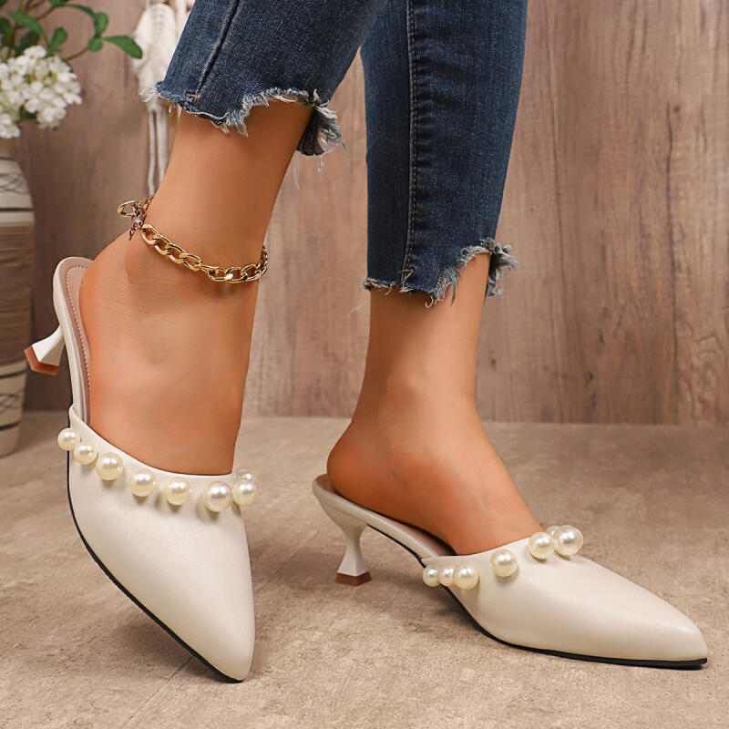 Elegant Pearl Pointed Toe High Heel White Mules Slippers Women Spring Leather Slip On Sandals Woman's Summers Shoes