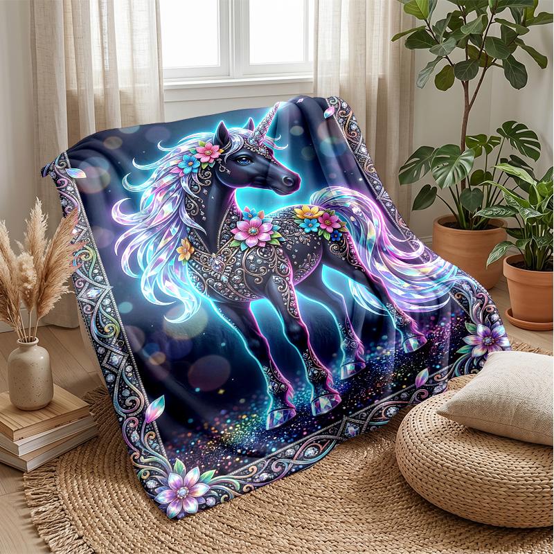 Elegant Black Unicorn Theme blanket Lightweight Warm Flannel Blanket Decorative Throw Blanket for Home Decoration