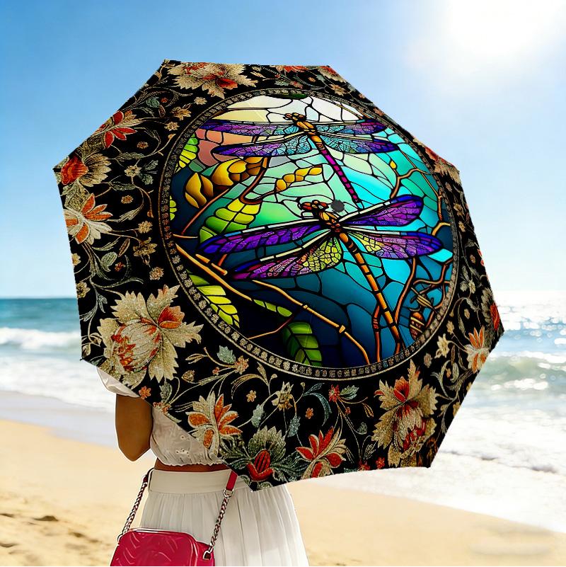 Glass Dragonfly 8 Ribs 3Fold Black Glue Uv Protection Umbrella Sun Protection Rainproof Compact Folding Umbrella For Travel Daily Use C9241240