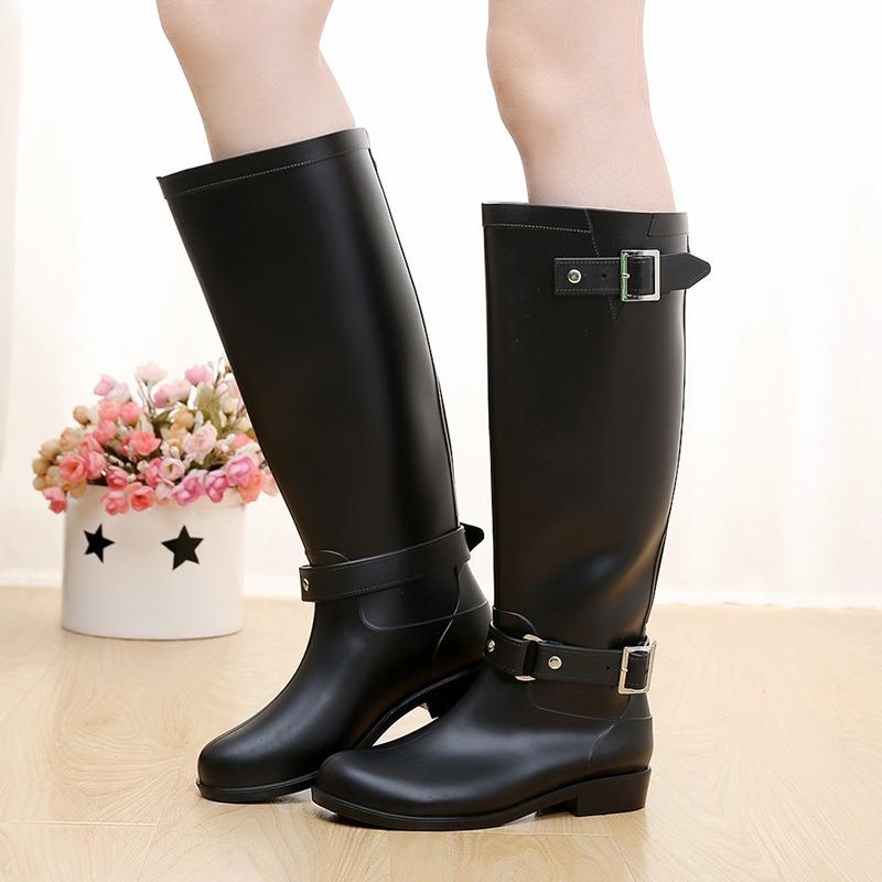 Fashion High Rain Boots Buckle Red Zipper Water Shoes Women's Waterproof Martin Boots Rain Shoes Snow Boots Locomotive Boots