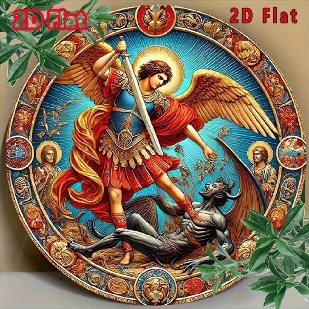Flat Round Metal Wall Decor 2D Vintage Artwork Archangel Michael Demon Aluminum Sign 8x8 Inch