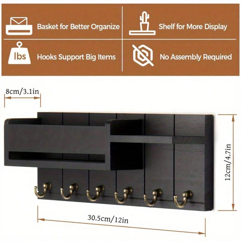 1pc Vintage Wooden Wall Mounted Key Rack with Mail Holder & Tray - Easy Install, Suitable for Farmhouse Decor In Living Room, Kitchen