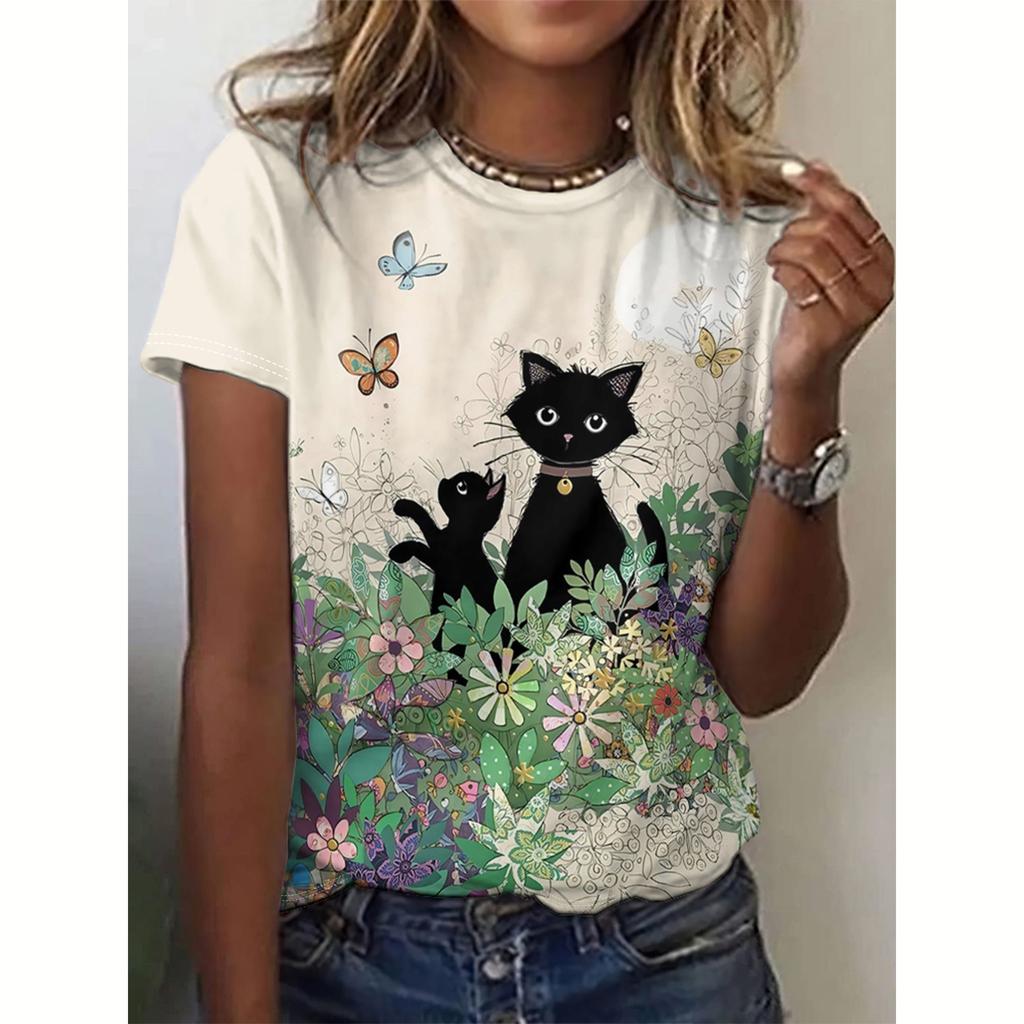 Летняя женская футболка с принтом кота, повседневная, с коротким рукавом, 3D, модная уличная одежда, женский свитер с круглым вырезом, свободная одежда