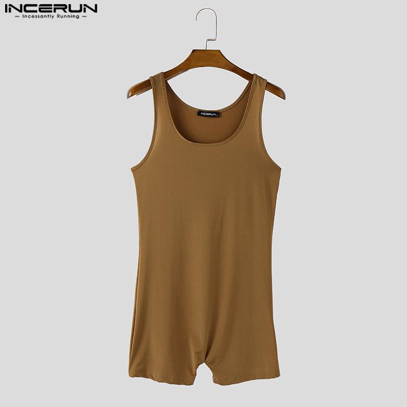 INCERUN Men Sleeveless Solid Color Thin Semi-Sheer Bodysuits Jumpsuits Short Rompers Underwear