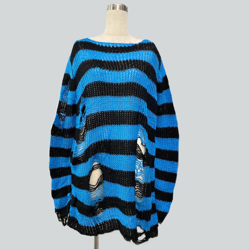 Women Gothic Punk Plus Size Long Sweaters Striped Character Cool Hollow Out Hole Broken Jumpers Pullover Knit Sweater