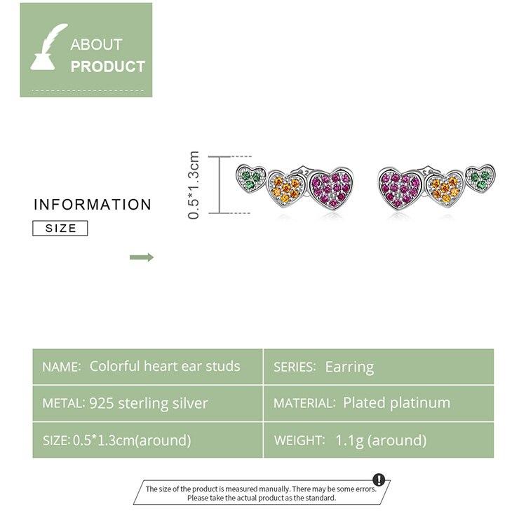 WOSTU Серьги-гвоздики из стерлингового серебра 925 пробы, разноцветные, зеленые, оранжевые, розовые, с цирконом в форме сердца для женщин, модные вечерние ювелирные изделия, подарок