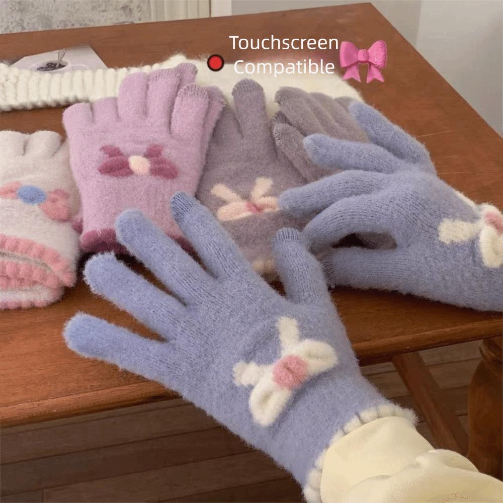 Cute Keep Warm Knitted Gloves with Five Fingers Windproof Touch-screen Gloves Cold Protection Stretch Knit Mittens Girl Women