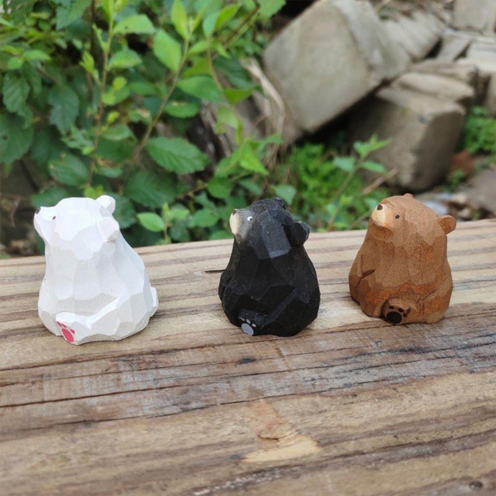 Cute Wooden Bear Figurines Solid Wood Mini Bear Statue Polar Bear Ornament Home Decoration