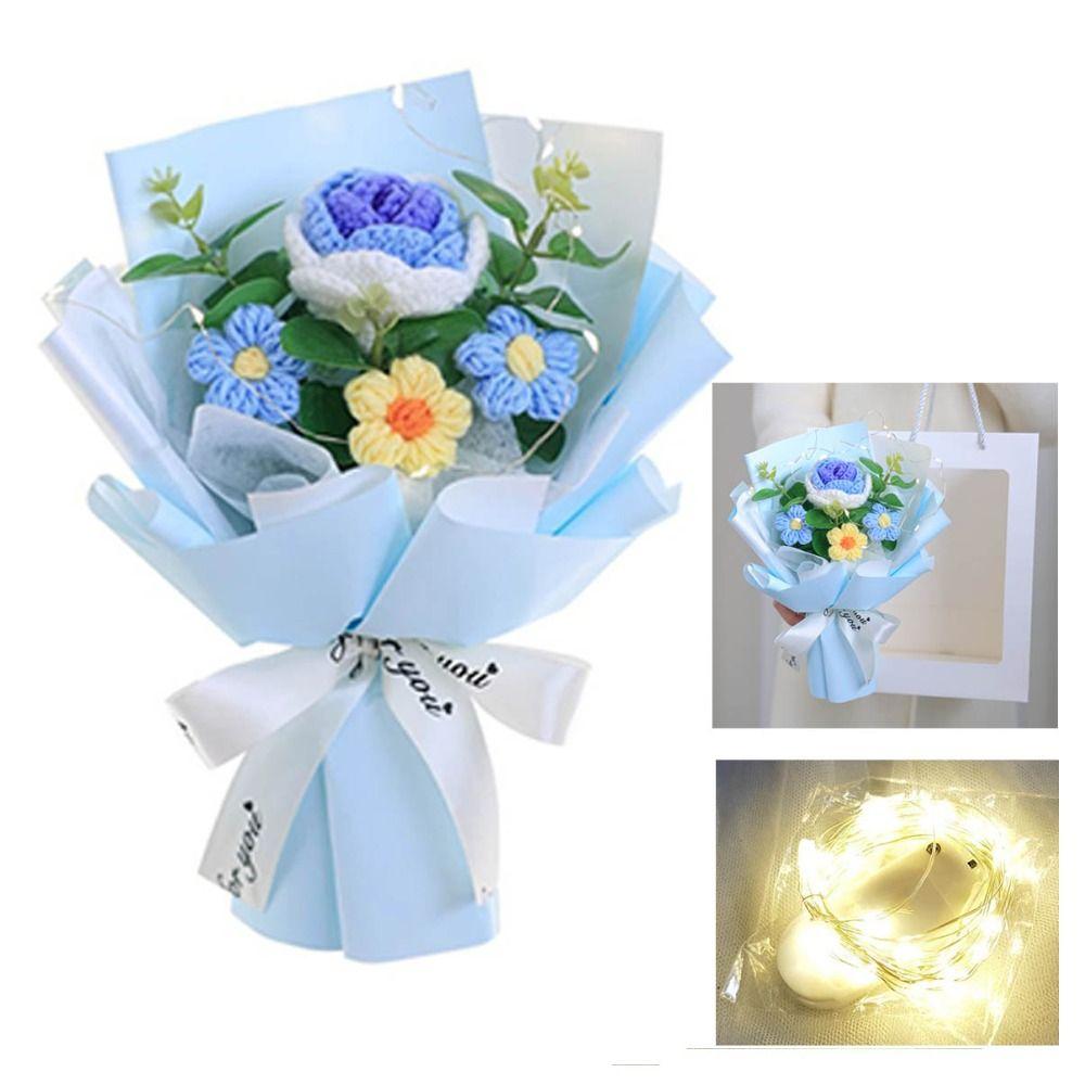 Cotton Knitted Flower With Lamp Artificial Flowers New Crochet Flower Bouquet Graduation Gifts