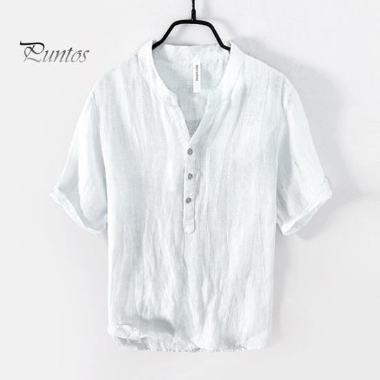 Men Summer Shirt V Neck Stand Collar Short Sleeves Vinatge Solid Color Loose Simple Style Mid Length Pullover Office Daily Wear Top