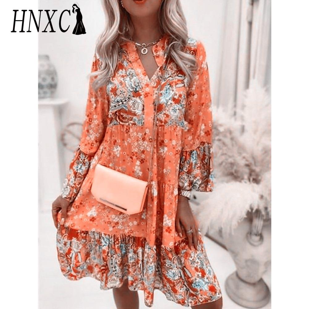 HNXC Женская мода богемный цветочный принт V-образный вырез мини платья повседневные свободные элегантные дамы пляжная вечеринка расклешенные рукава платье
