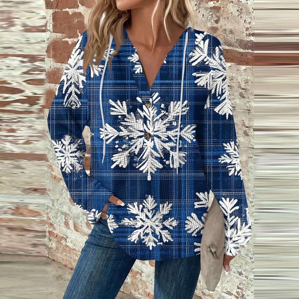 Женский повседневный топ с длинными рукавами, пуговицами, V-образным вырезом, рождественским принтом, завязками и капюшоном