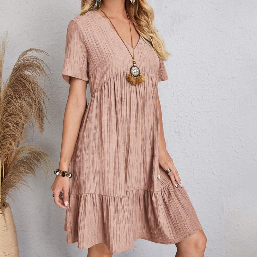 Summer Women Loose Cake Dress Short Sleeve V Neck