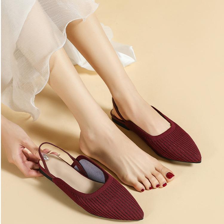 Женские летние туфли большого размера с острым носком и плоской подошвой, повседневные однотонные вязаные сандалии с открытым носком, размер 34-43