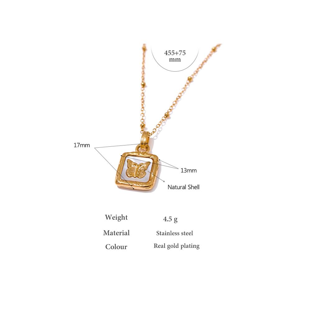 Yhpup Butterfly Shell Pendant Collar Stainless Steel Golden Square Trendy Fashion Necklace for Women Stylish Jewelry Gift