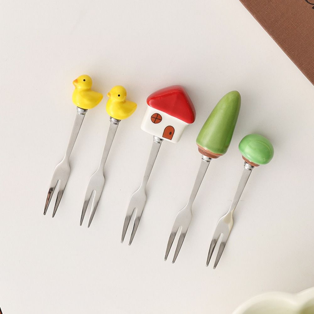 6Pcs Creative Stainless Steel Cake Fork Reusable Cute Fruit Forks  Coffee Stirring