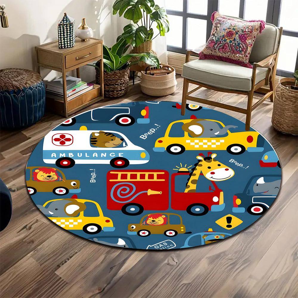 Animal Cartoon Traffic Design Rug Print round rug, living room, bedroom, playroom carpet, non slip floor mat, gift