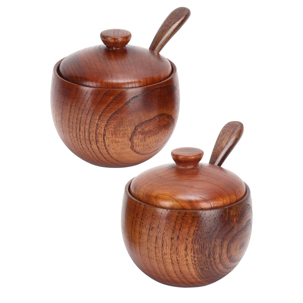 2Set Japanese Seasoning Jar Retro Wooden Condiment Container with Lid and Spoon for Kitchen