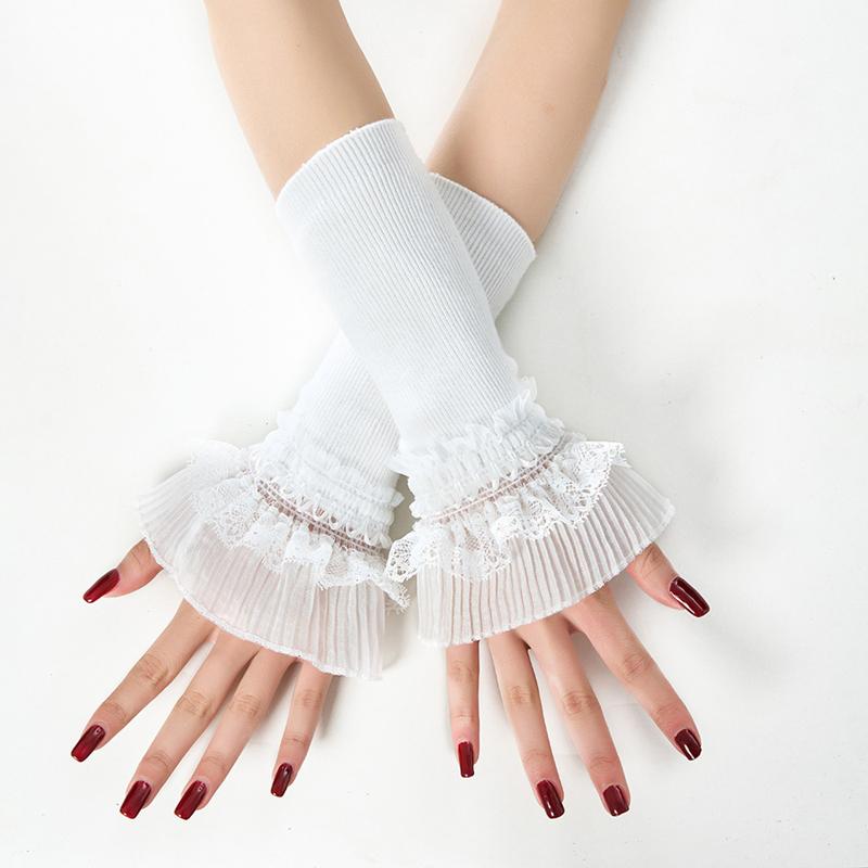 Girls Elastic Fingerless Arm Warm Gloves Double-layer Floral Lace Knitted Fake Sleeves Lolita Cuffs Decorative Accessory