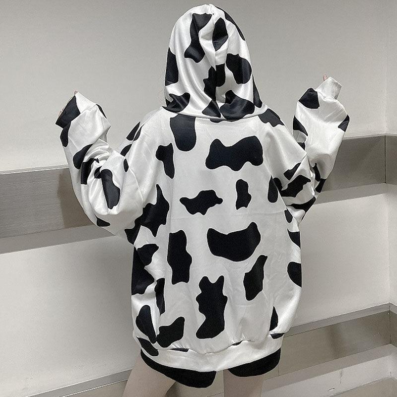 Women Autumn Korean Hooded Coat Cow Print Black White Hoodie Sweatshirt Long-sleeved Loose Harajuku Tops