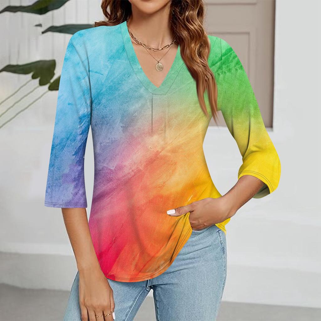 Women's Casual V-neck Gradient Print Three-quarter Sleeve Fashion Top