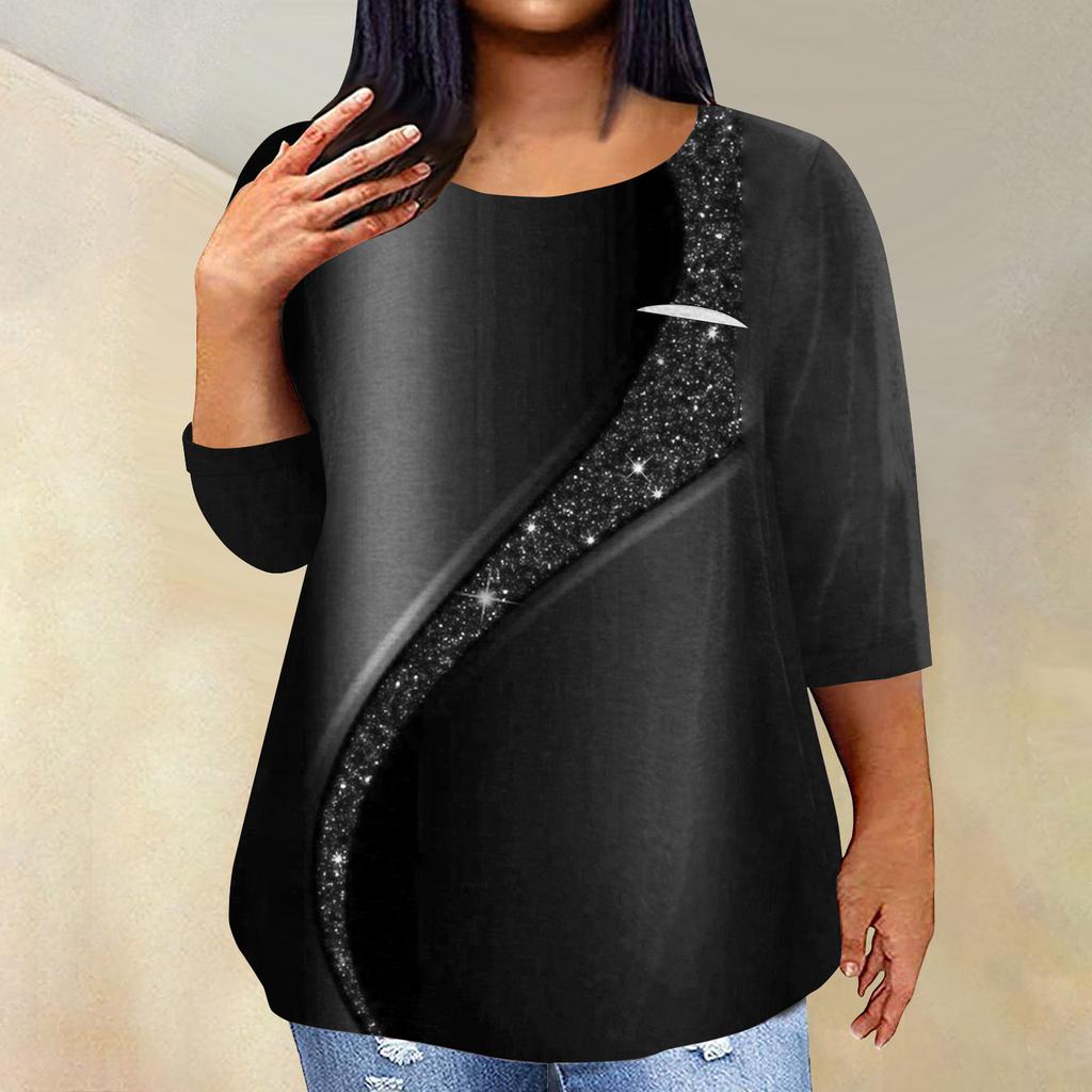 Women's Fashionable Casual Three Quarter Sleeve Printed Round Neck Pullover 4/3 Sleeve Top