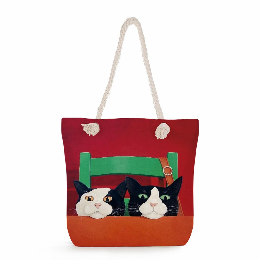 Cat print thick rope single-shoulder beach bag 7215 KTB